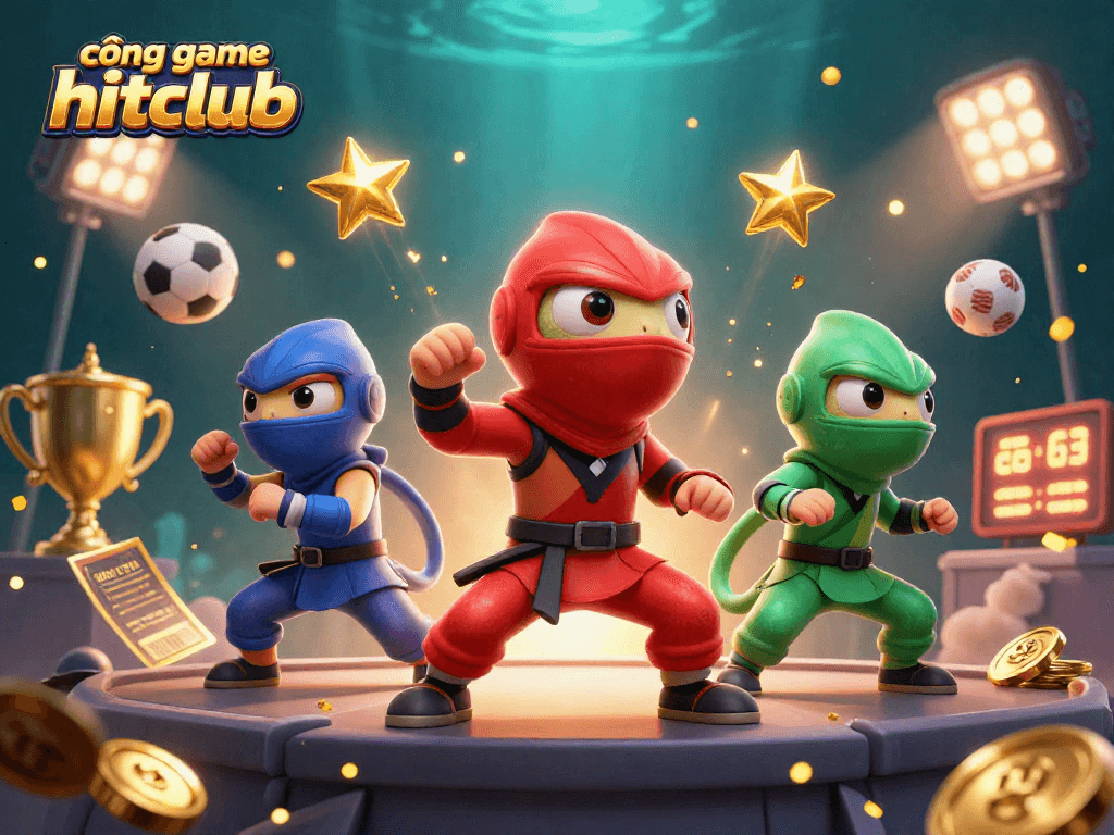 Engaging scene showcasing vibrant 3D ninja chameleons amidst sports elements, promoting cổng game hitclub.