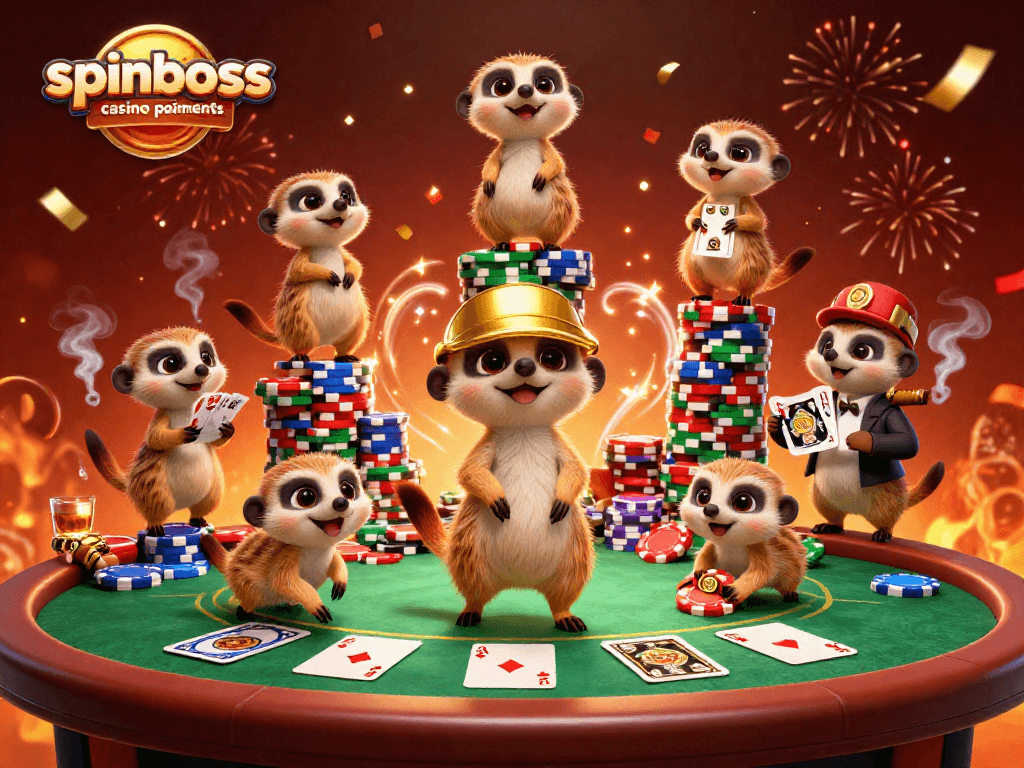 Explorez les paiements par crypto sur SpinBoss casino avec des suricates gérant des gains.