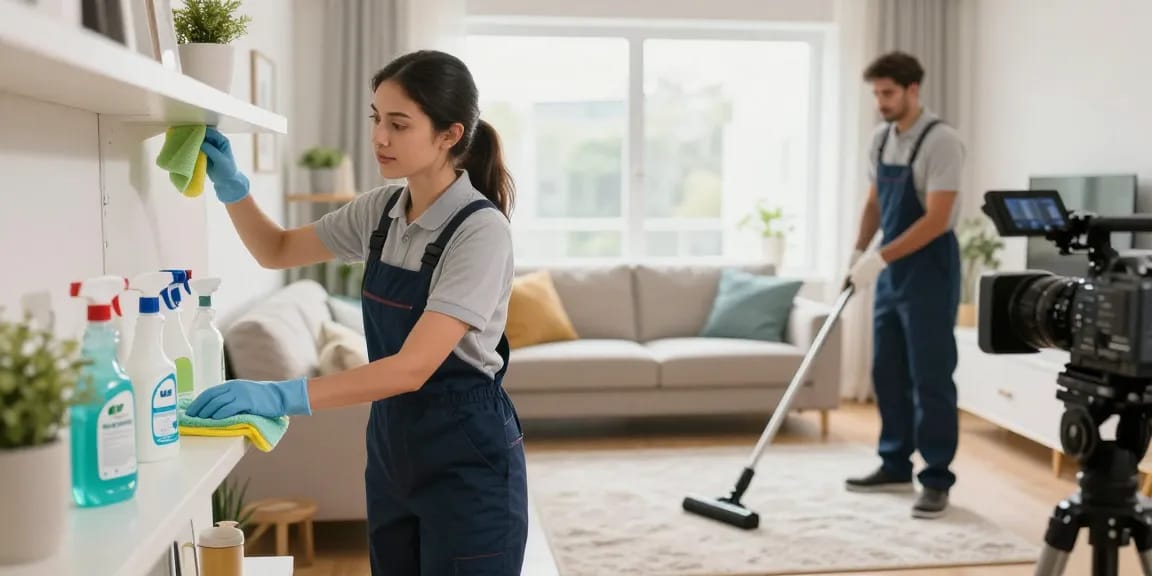 Professionelle Reiniger im Einsatz während eines detaillierten Offerten Reinigungsprozesses in einem hellen Wohnzimmer.