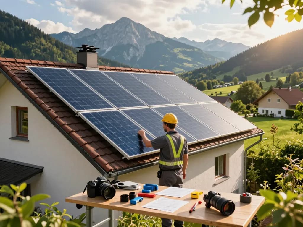 Photovoltaik Bayern Dachsolaranlage in einer malerischen bayerischen Landschaft, die Innovation und Nachhaltigkeit präsentiert.