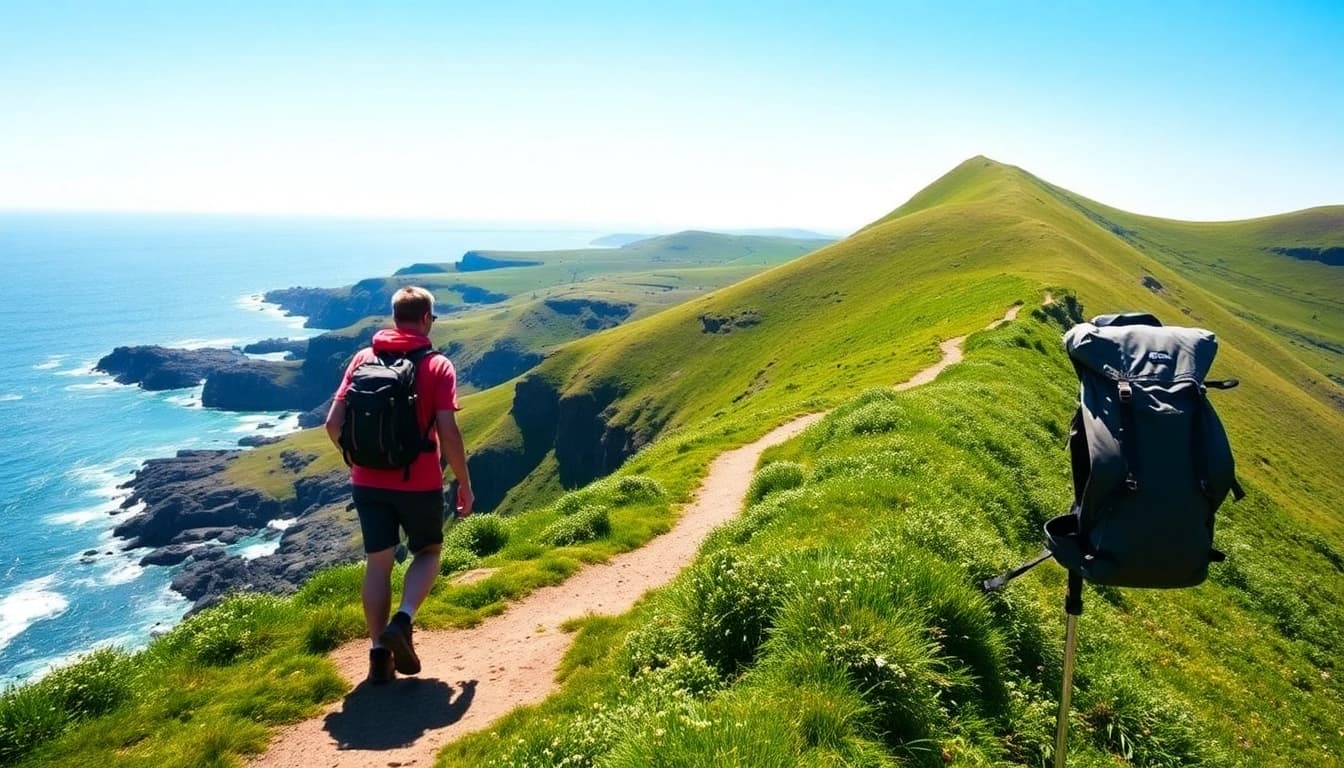 Wanderer auf dem Dingle Way Fernwanderweg mit atemberaubenden Küstenblicken genießend.
