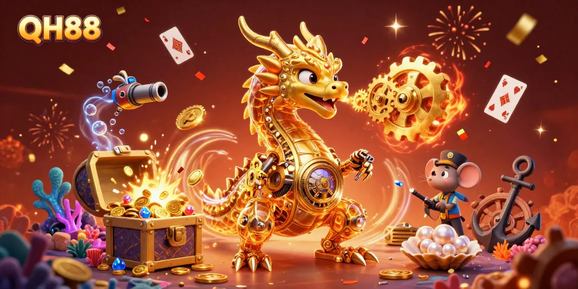 Experience QH88 with a golden dragon and immersive casino elements in an exciting underwater scene.