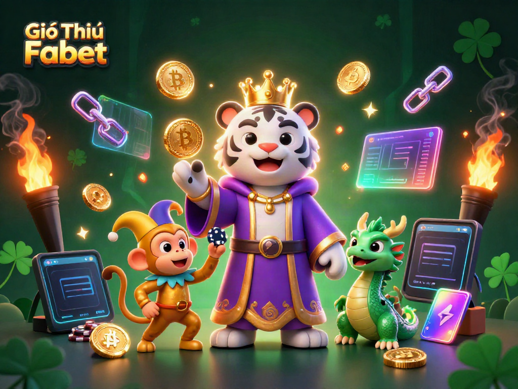 Experience Giới Thiệu Fabet with vibrant 3D casino characters and crypto elements in a dynamic scene.