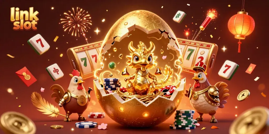 Experience thrilling gameplay with link slot as a golden dragon emerges from an egg amidst sparkling casino elements.