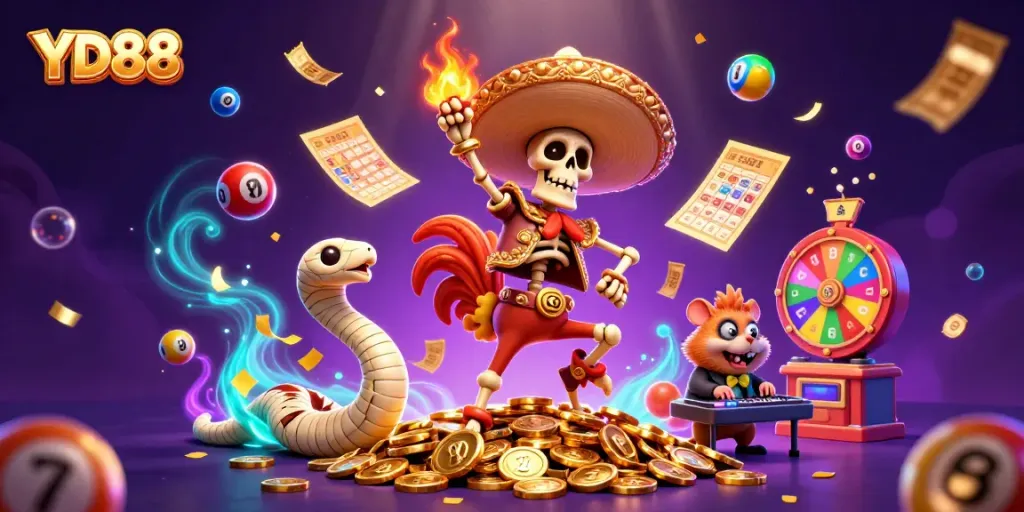Experience the exciting world of YD88 with vibrant characters celebrating around lottery elements in a dynamic casino scene.