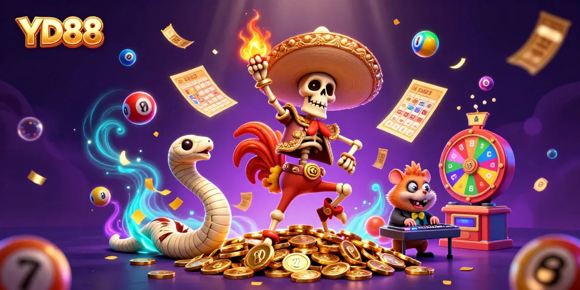 Experience the exciting world of YD88 with vibrant characters celebrating around lottery elements in a dynamic casino scene.