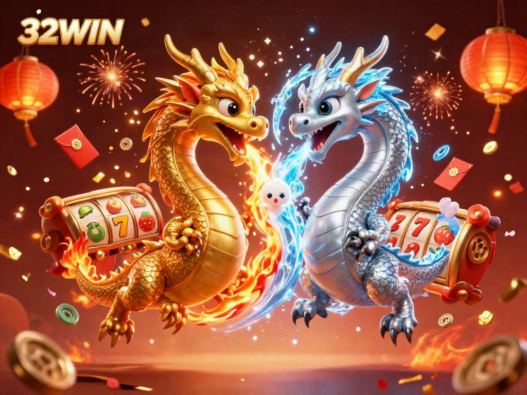Experience thrilling excitement at 32WIN with golden dragons and vibrant casino elements