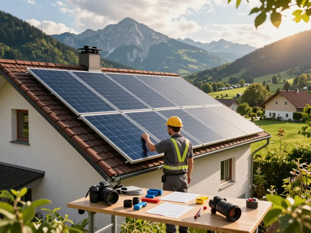 Photovoltaik Bayern Dachsolaranlage in einer malerischen bayerischen Landschaft, die Innovation und Nachhaltigkeit präsentiert.
