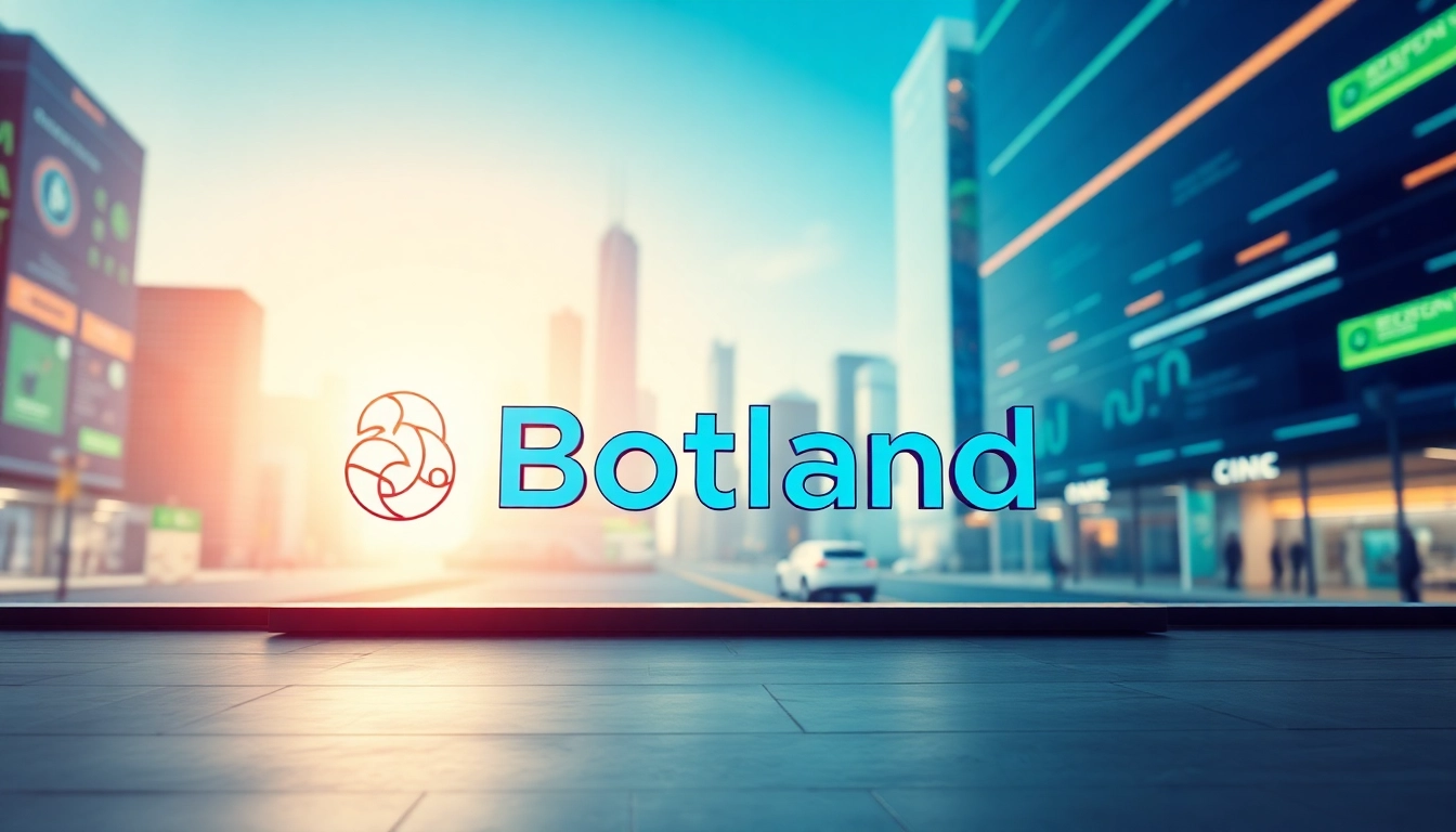 Botland digitale Marktplatz-Visualisierung mit futuristischem Logo und lebendigen Farben.