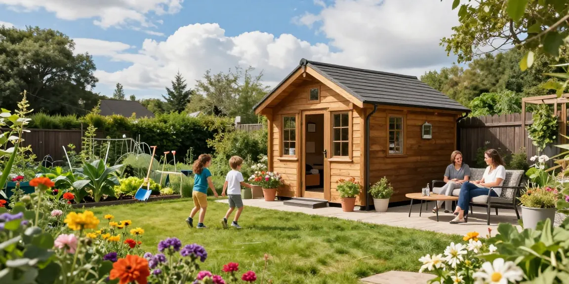 Schöne Gartenhäuser umgeben von blühenden Pflanzen und spielenden Kindern im Garten.