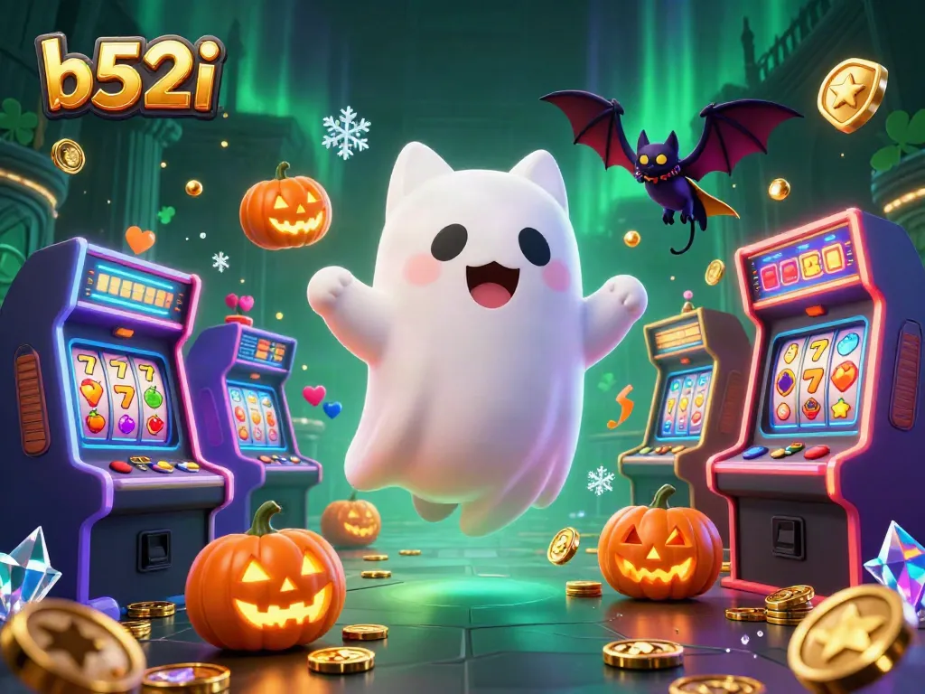 Experience thrilling moments with b52i as a ghost cat and bat play in a vibrant casino scene.