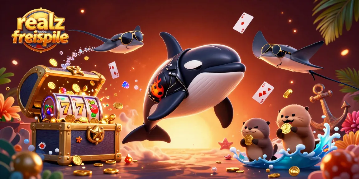 Gewinne mit realz casino freispiele! Illustration von einem Orca-Wal in Motorradjacke und Otter mit Goldmünzen.