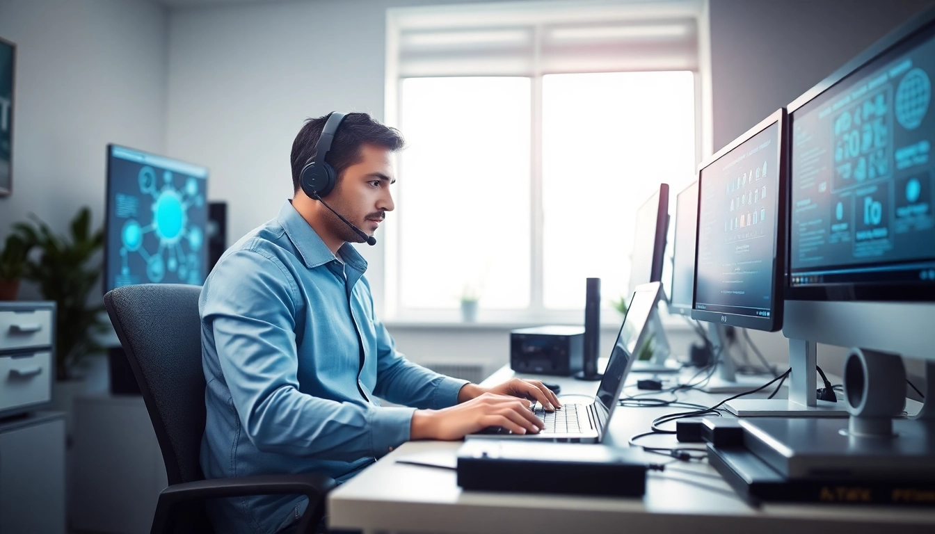 IT Support specialist troubleshooting a computer in a professional office setting.