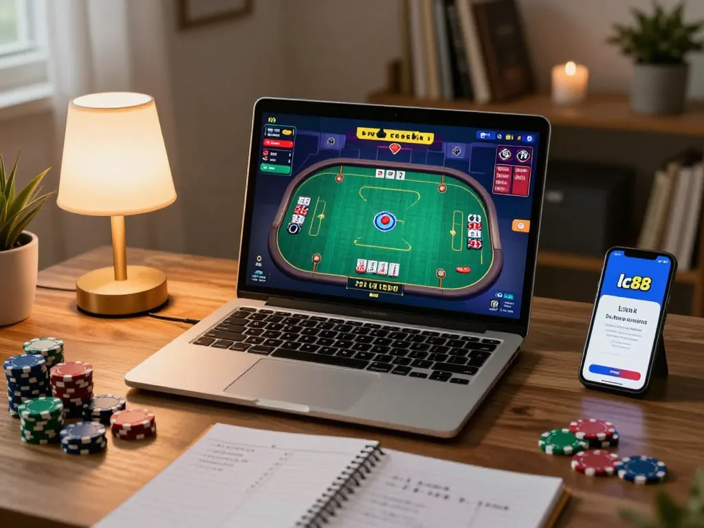 Engaging online poker session displaying link lc88 app on laptop with strategic notes and poker chips