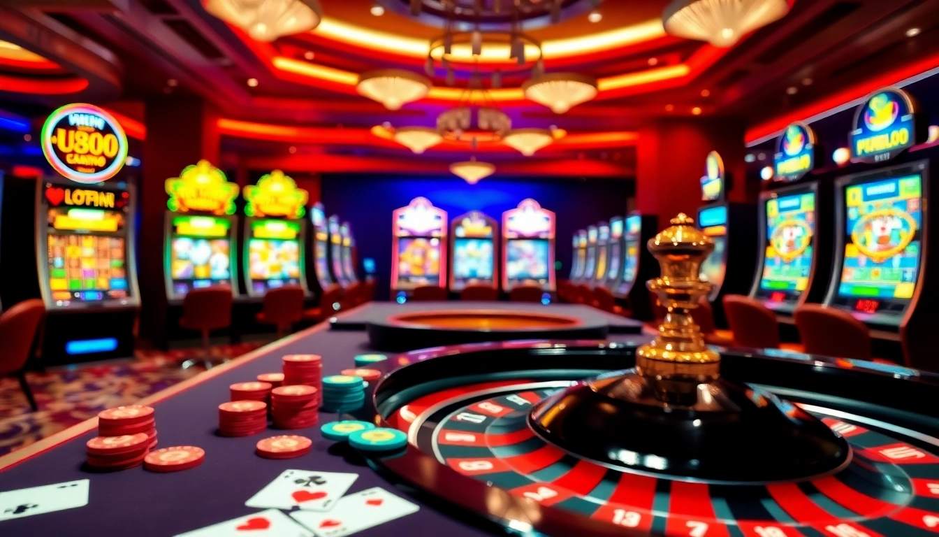 Experience the excitement of gaming at U888 com with a vibrant casino scene showcasing tables and slot machines.