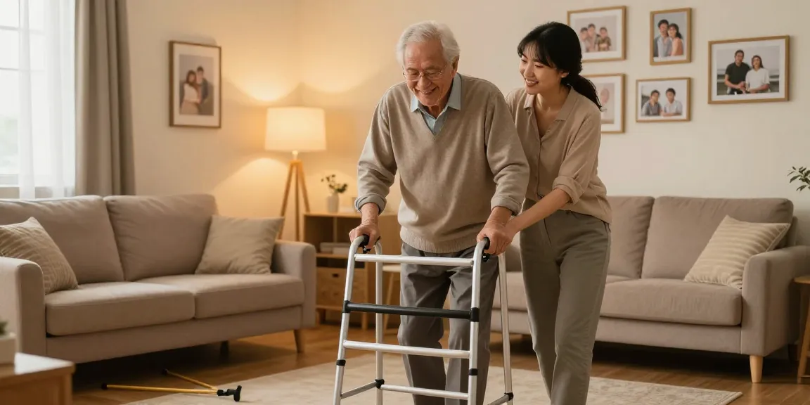 Buy nobility aids for seniors: elderly man happily using a walker with family support in a cozy living room