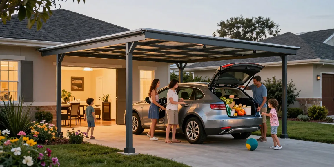 Carport schützt Fahrzeug und bietet Platz für Familie bei Aktivitäten im Freien in einem einladenden, hellen Wohnumfeld.