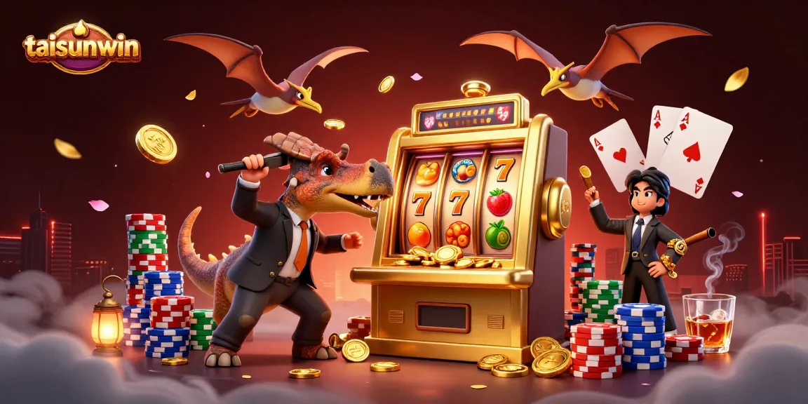 Taisunwin features a pachycephalosaurus triggering a jackpot at a golden slot machine amidst vibrant casino elements.