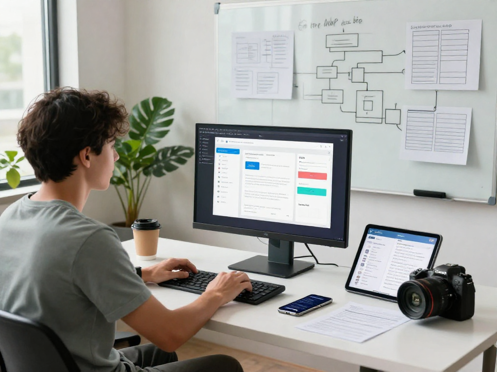 Mobile app design process at http://debet-app.com in a vibrant workspace with a developer and modern tech tools.