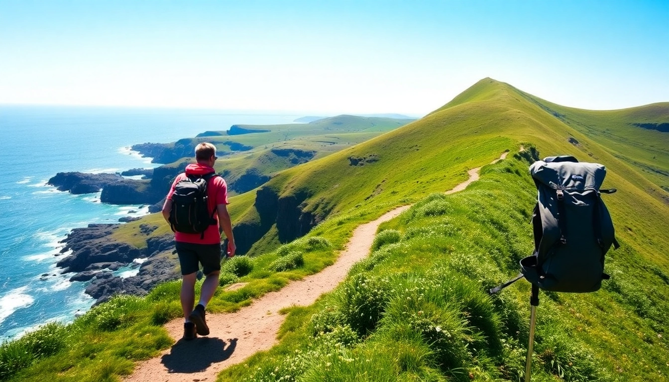 Wanderer auf dem Dingle Way Fernwanderweg mit atemberaubenden Küstenblicken genießend.