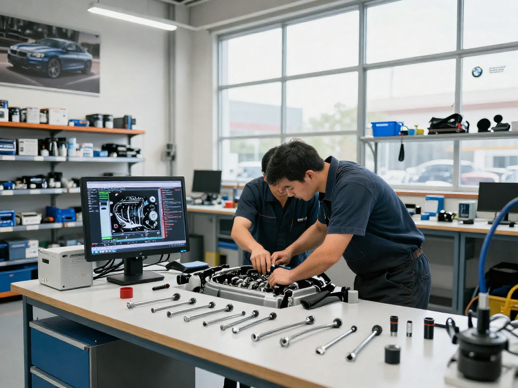 Professionelle BMW Werkstatt Hannover mit Techniker bei Motorinspektion.