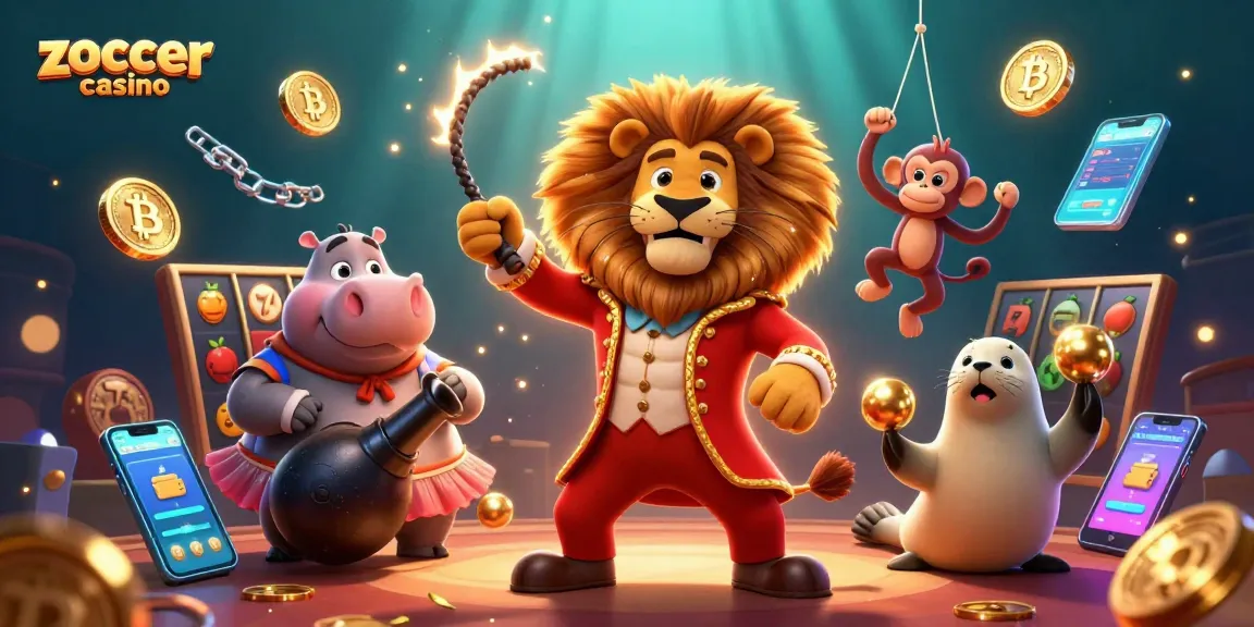 Zoccer casino reels spin as a lion ringmaster and friends entertain with vibrant casino elements and Bitcoin coins.