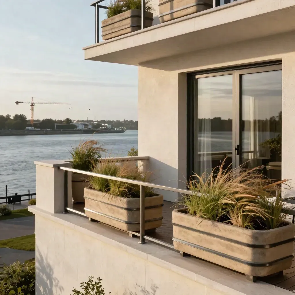 Terrasse einer Neubauwohnung an der Elbe mit Steinbrüstung und offenem Blick zum Fluss.