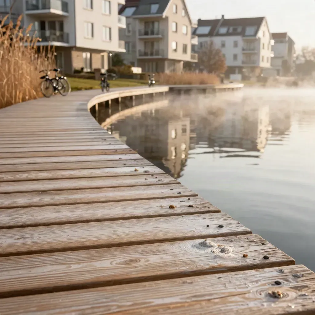 Nahaufnahme vom Holzsteg am Lübecker See mit Schilf, Fahrrädern und Morgennebel.