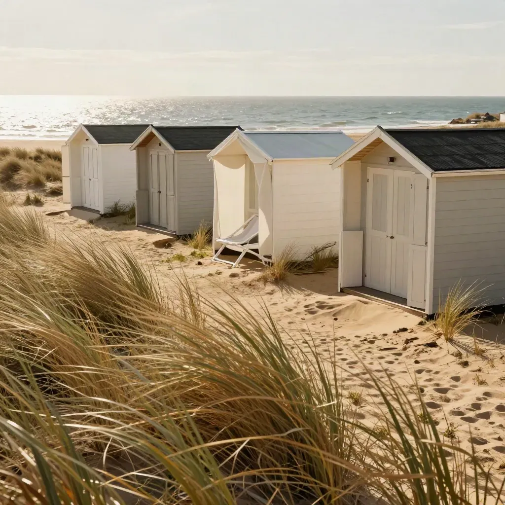 Ferienhäuser hinter Dünen mit Wind im Strandgras und weißem Liegestuhl