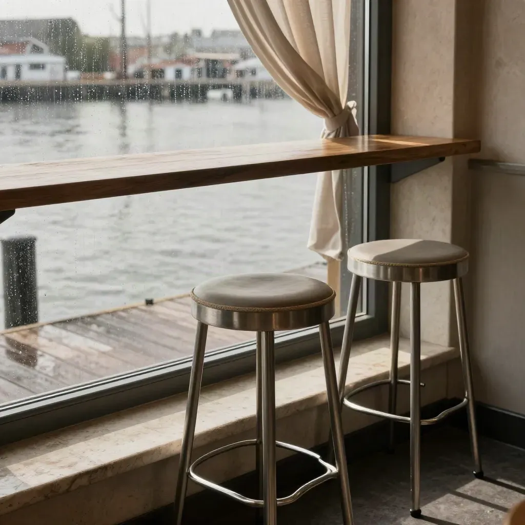 Fenster im Café am Kai mit leeren Hockern, Spiegelungen und ruhigem Fluss.