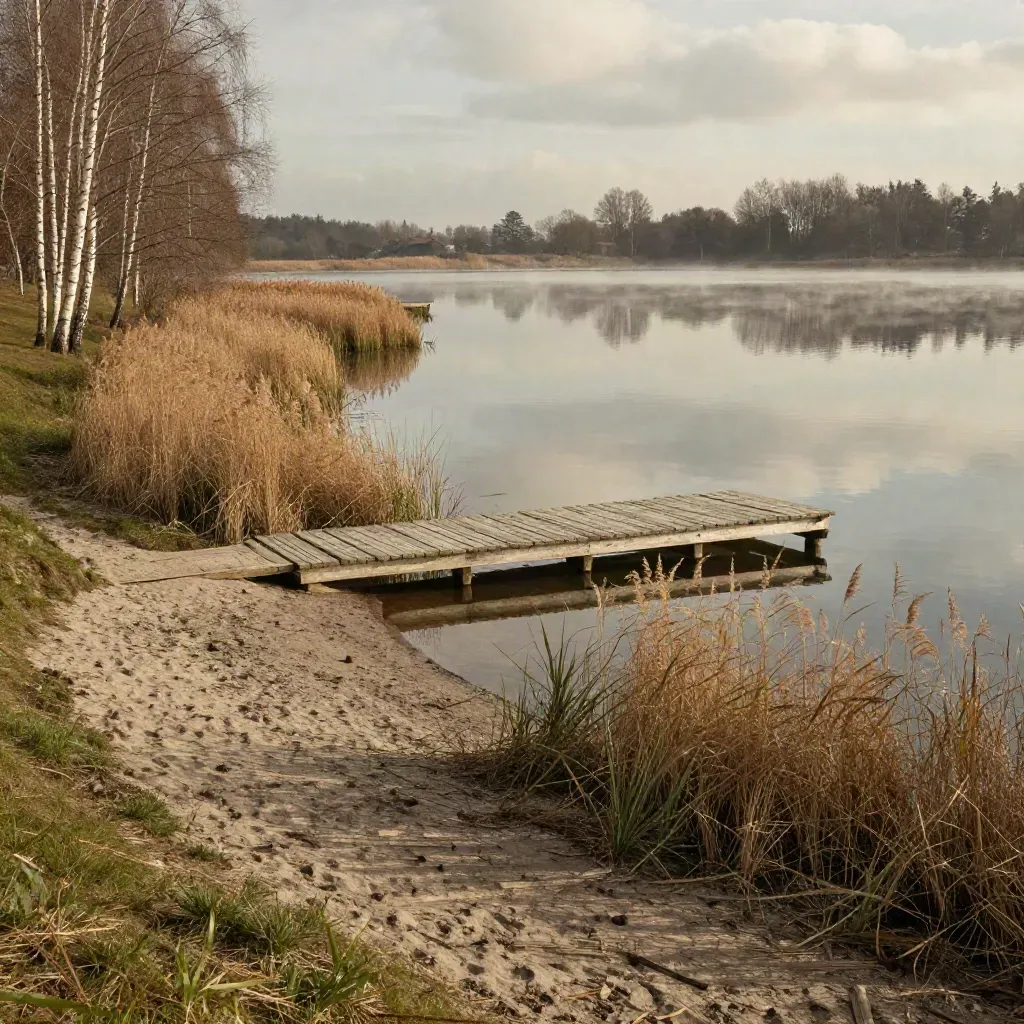 Ruhiger Seeuferblick in Schleswig mit Schilf, Steg und Birken im Morgenlicht.
