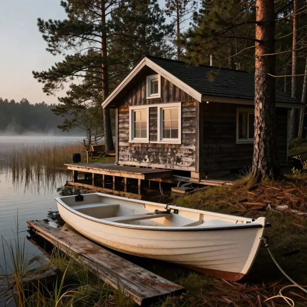 Kleines Holzferienhaus am See mit Boot, Steg und Abendlicht zwischen Kiefern.