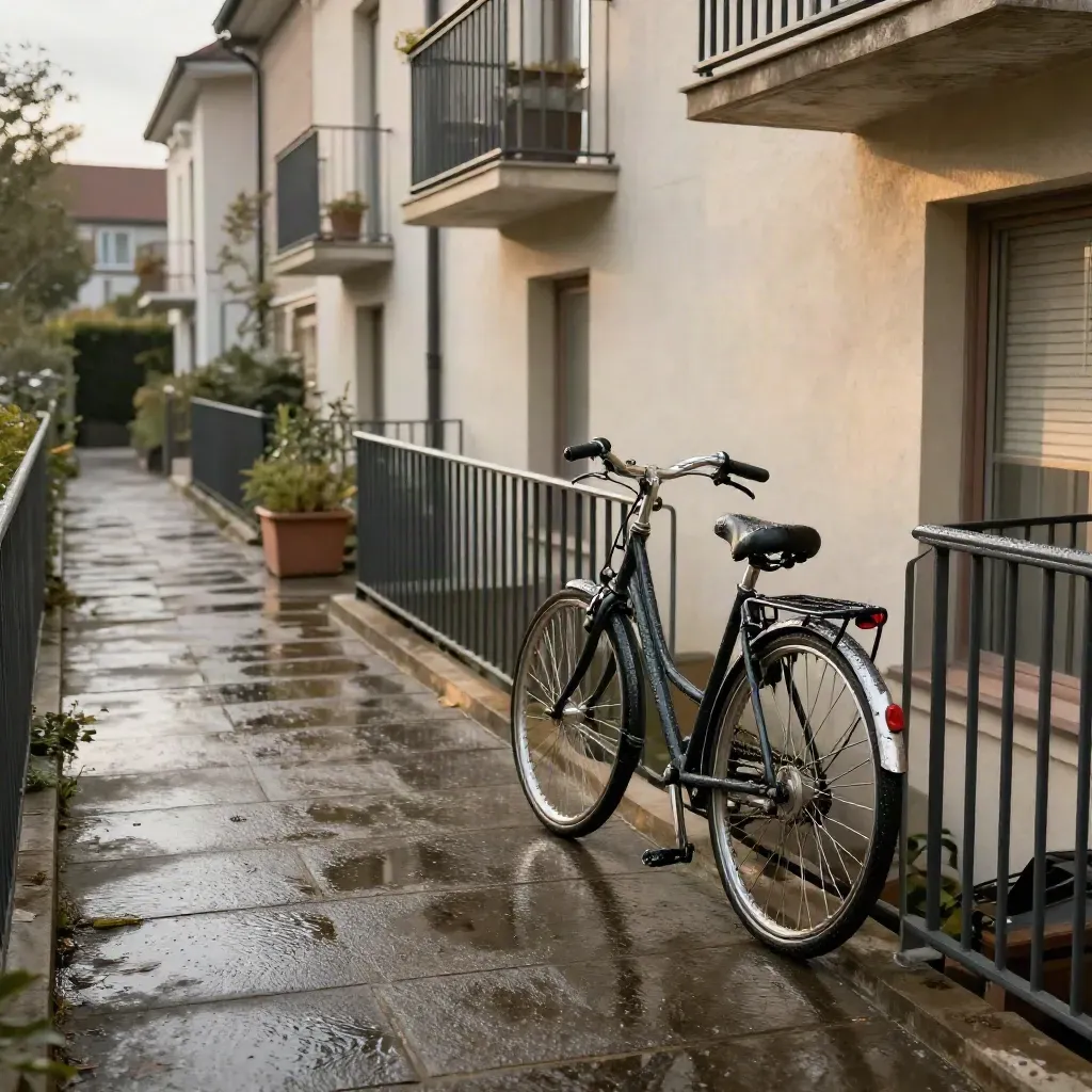 Riverside Innenhof mit nassem Pflaster, Balkonbrüstung und abgestelltem Fahrrad im sanften Licht.