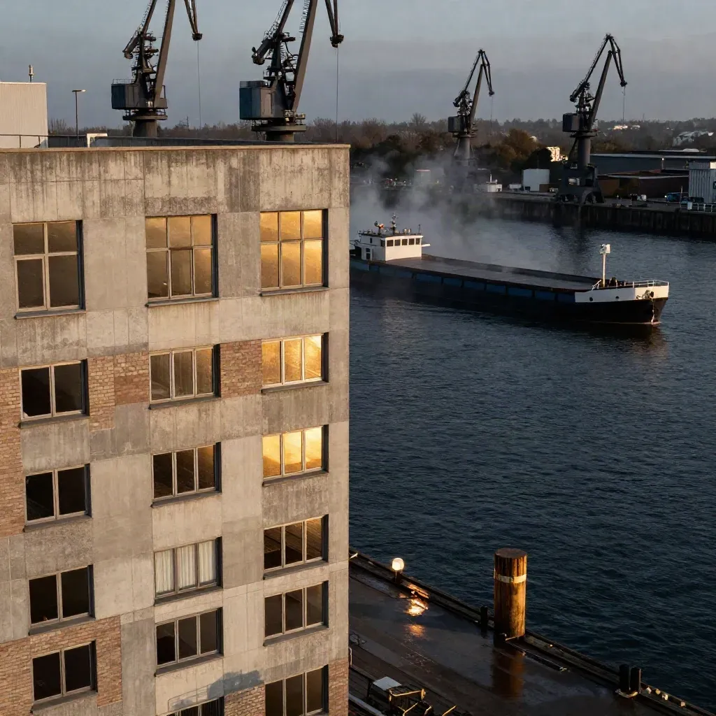 Hafenumbau mit leuchtenden Fenstern, Kränen und vorbeiziehenden Lastkähnen im Abendlicht.