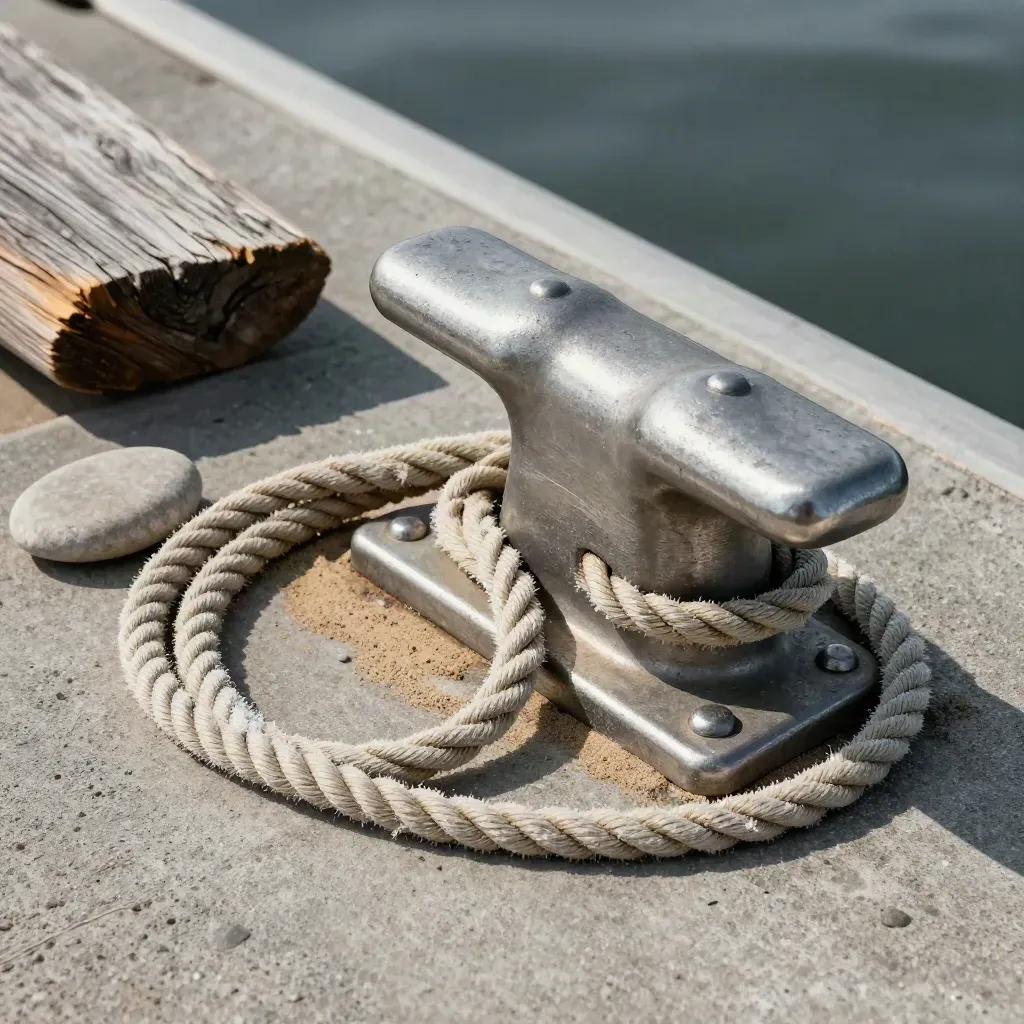 Mooring-Cleat mit Seil, Flussstein und Treibholz auf Beton im maritimen Editorial-Look.