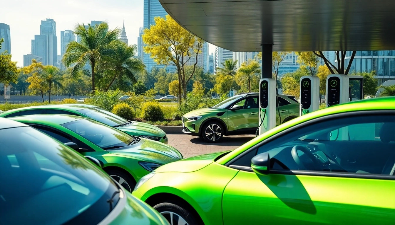 Elektroautos an moderner Ladestation in urbaner Umgebung mit futuristischem Design.