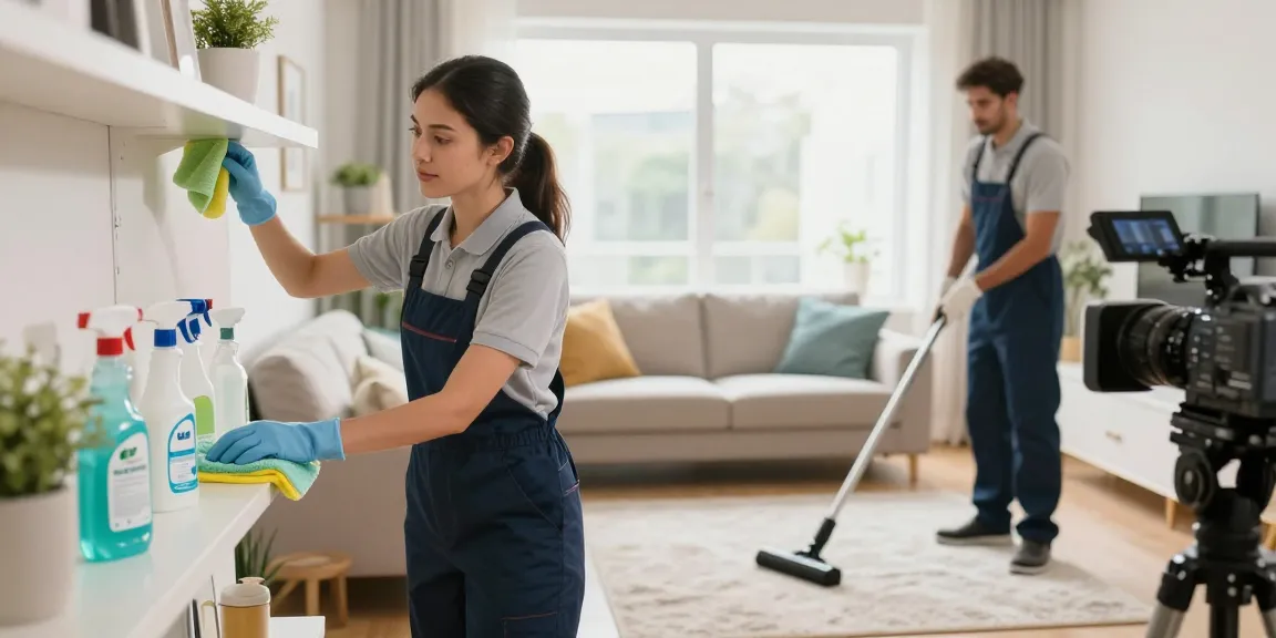 Professionelle Reiniger im Einsatz während eines detaillierten Offerten Reinigungsprozesses in einem hellen Wohnzimmer.