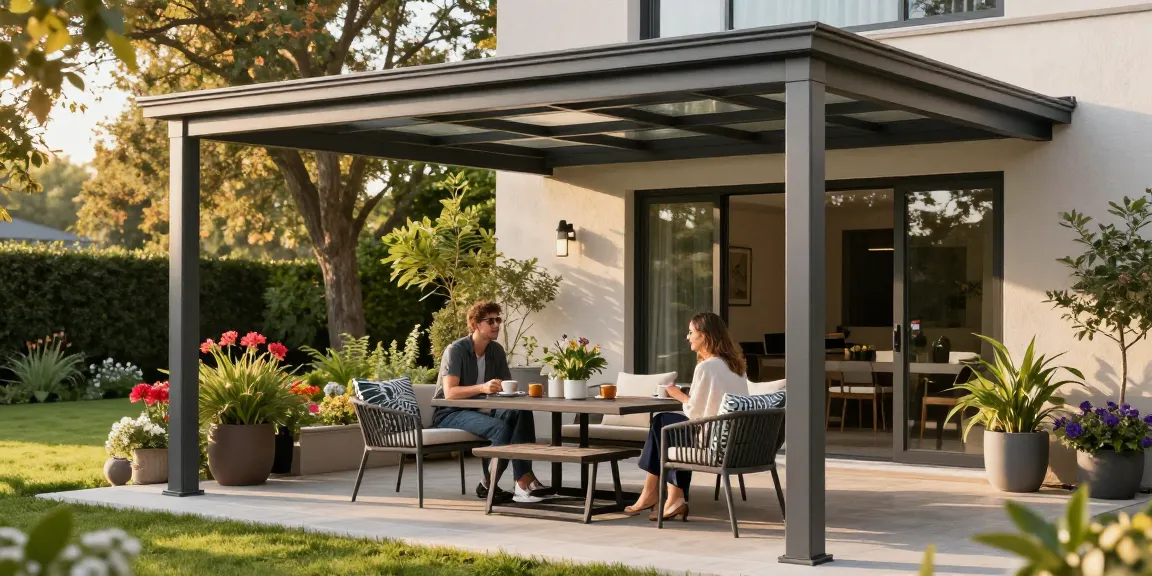 Moderne Terrassenüberdachung bietet gemütlichen Platz für Kaffee und Entspannung im Garten.