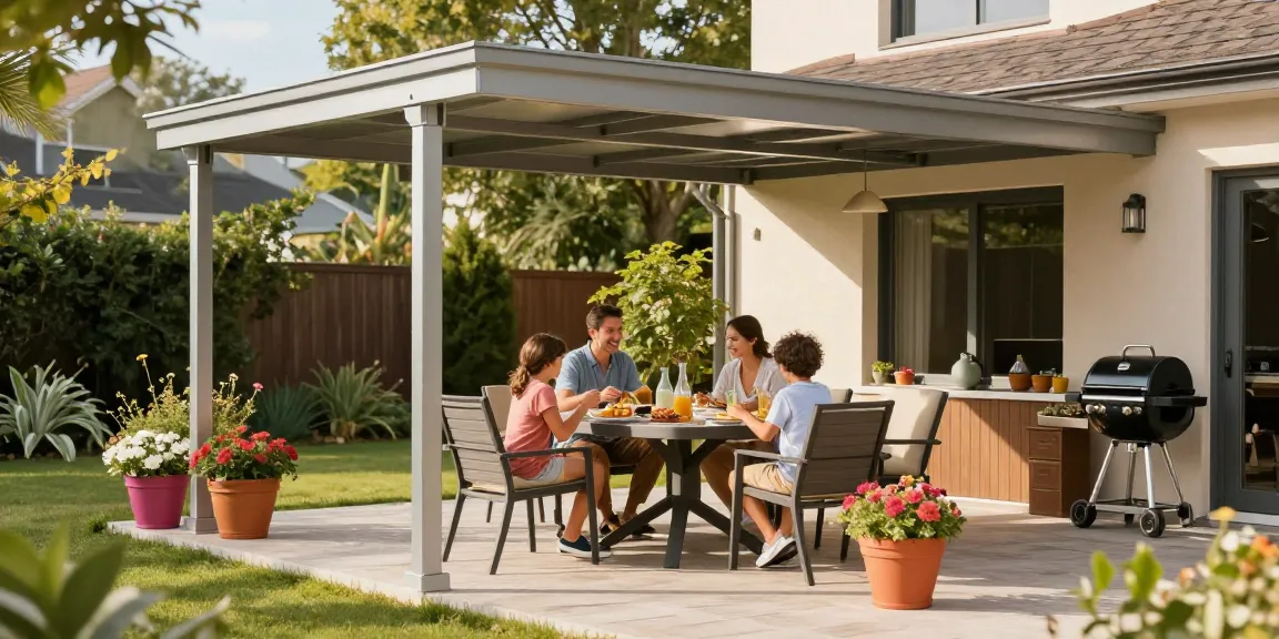 Familie genießt ein sonniges Essen unter einer stilvollen Terrassenüberdachung.