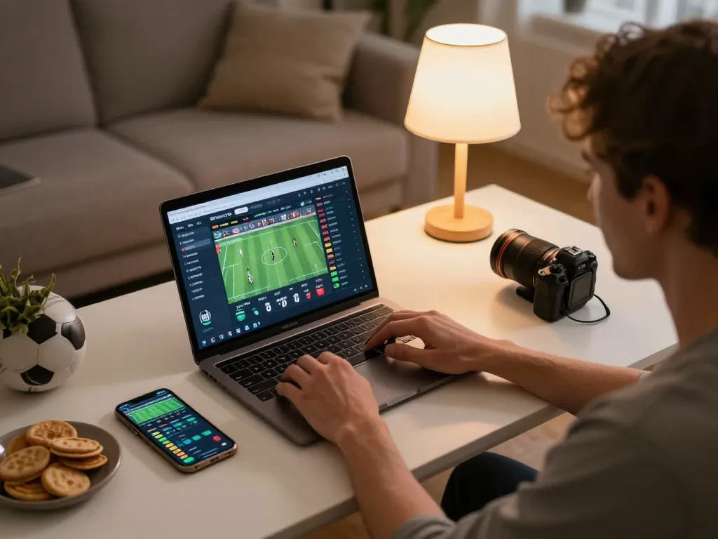 Person reviewing tỷ lệ bóng đá kèo nhà cái on laptop during sports betting session at home