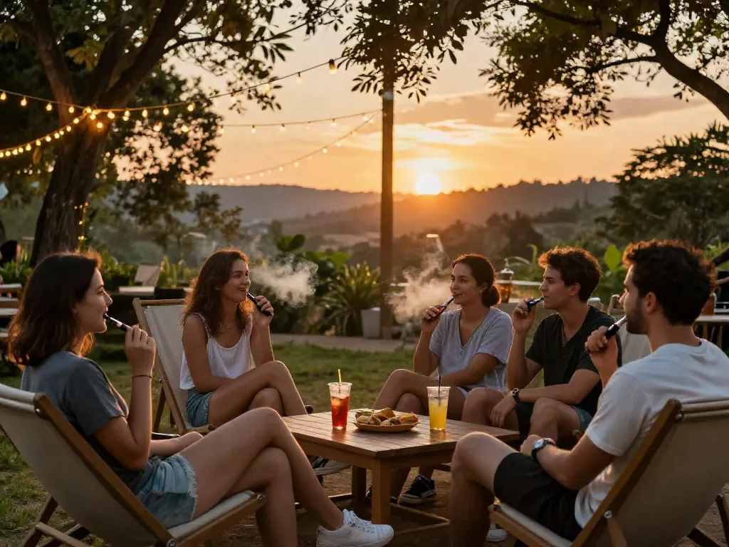 Friends enjoying a relaxing moment with rokok88 link in a serene outdoor lounge.