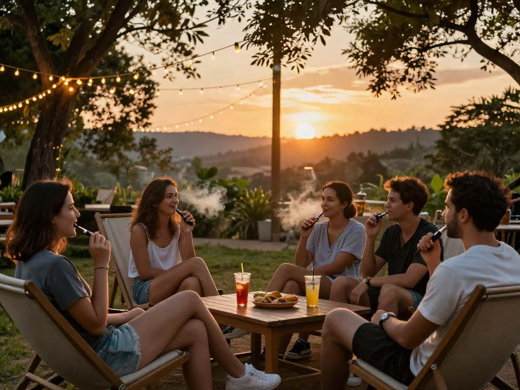 Friends enjoying a relaxing moment with rokok88 link in a serene outdoor lounge.