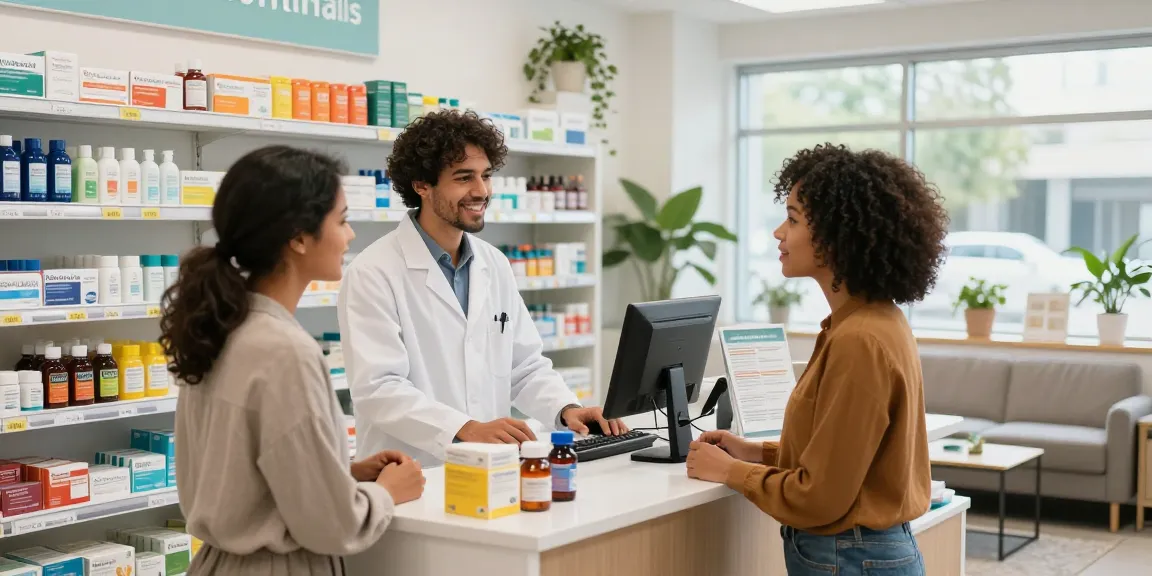 Die freundliche Atmosphäre im Selliza Pharma Shop mit einem Apotheker, der einem Paar bei der Auswahl von Gesundheitsprodukten hilft.
