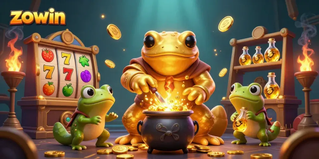Zowin engaging players with vibrant slot games illustrated in an enchanting casino realm.