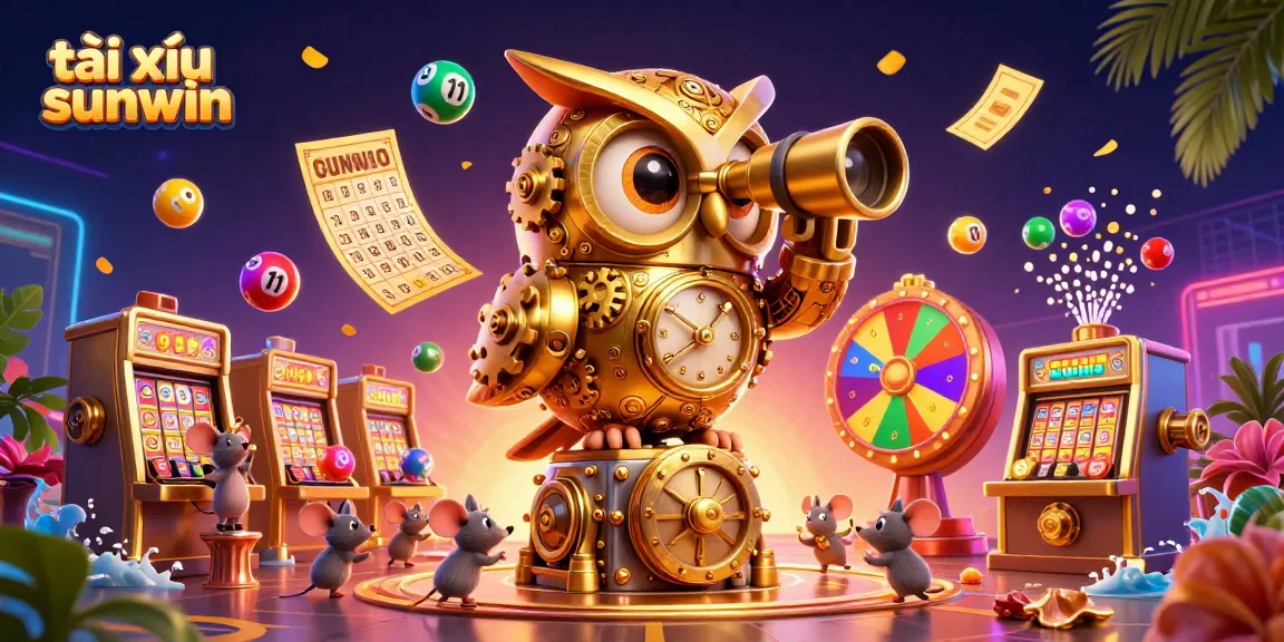 Engage in the exciting world of tài xỉu sunwin, featuring an intricately designed clockwork owl in a vibrant casino scene.