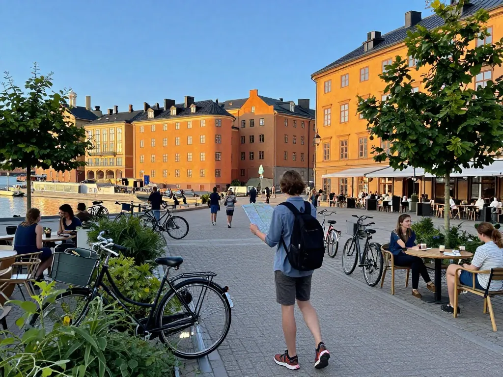 Reisetipps Stockholm: Ein Reisender erkundet die lebhaften Straßen und die Uferlandschaft von Stockholm.