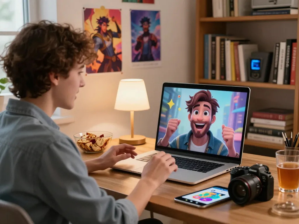 Dynamic interaction with character AI nsfw user engaging in a lively chat, cozy home environment.