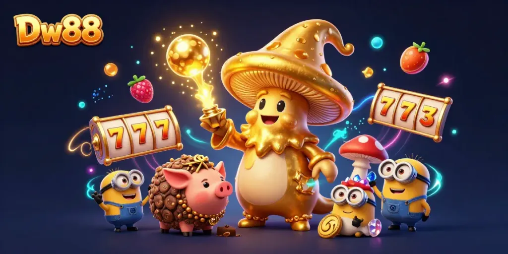 Engage with the exciting world of Dw88 casino featuring a magical illustration of a golden mushroom wizard and treasure.