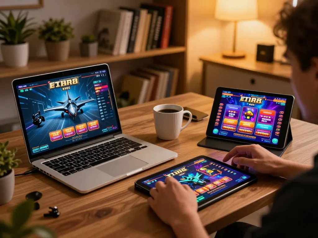 Engaging gameplay at f168 online casino on cozy study setup with laptop and tablet.