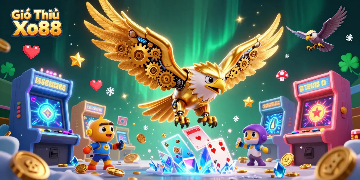 Giới Thiệu Xo88 showcases the cybernetic golden eagle amidst a cascade of vibrant gaming symbols.